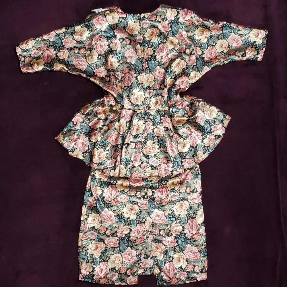 RARE!! Vintage Floral & Lace Peplum V Neck Pencil Skirt Formal Mini Midi Dress - Picture 4 of 11
